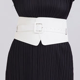White leather women's belt with distinctive wrap-link metal corset